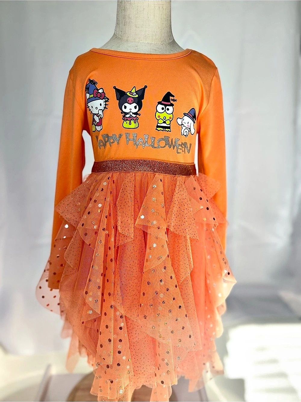 Sanrio Toddler Girls Ruffled Orange Tulle Hello Kitty Happy Halloween Dress